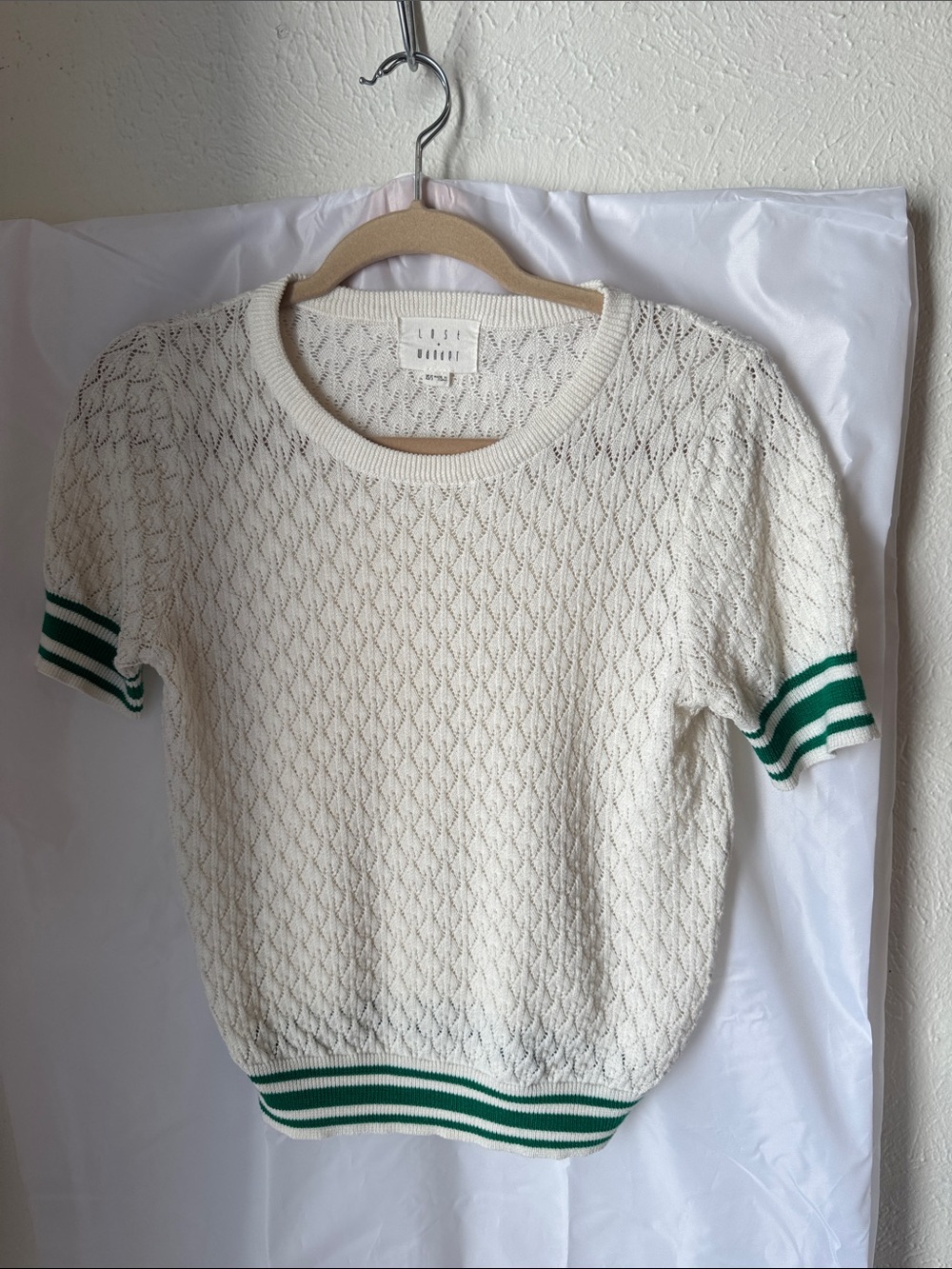 Lost + Wander Cream Knit Short Sleeve Top with Green Stripe Trim